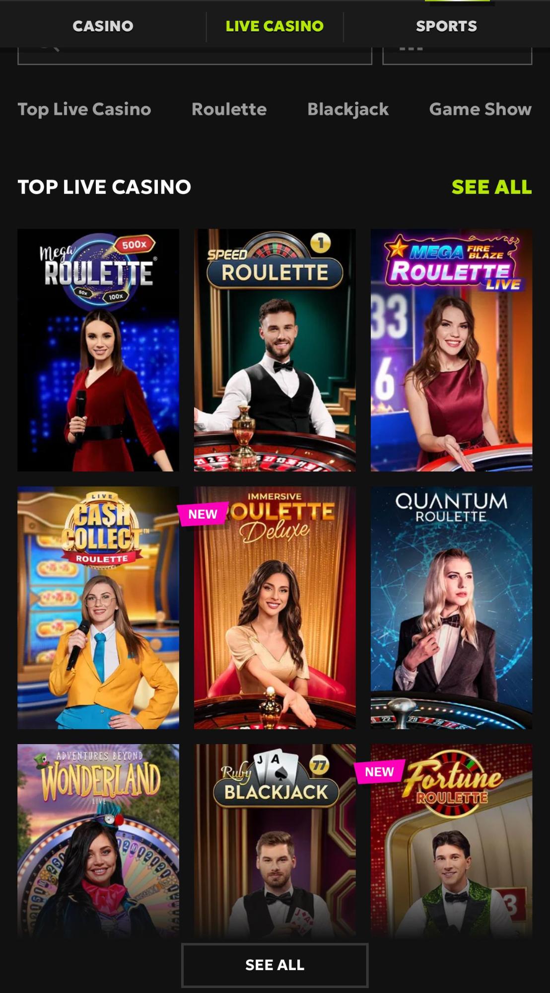 rtbet live casino selection