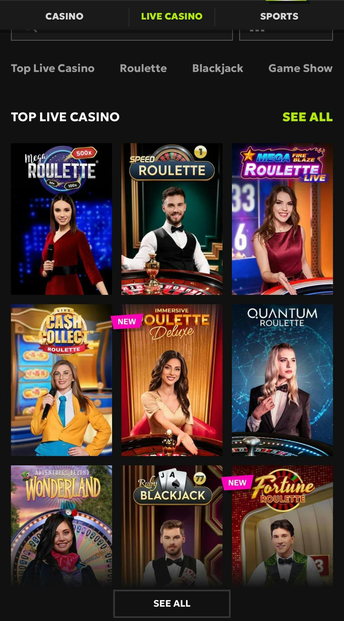 rtbet live casino selection