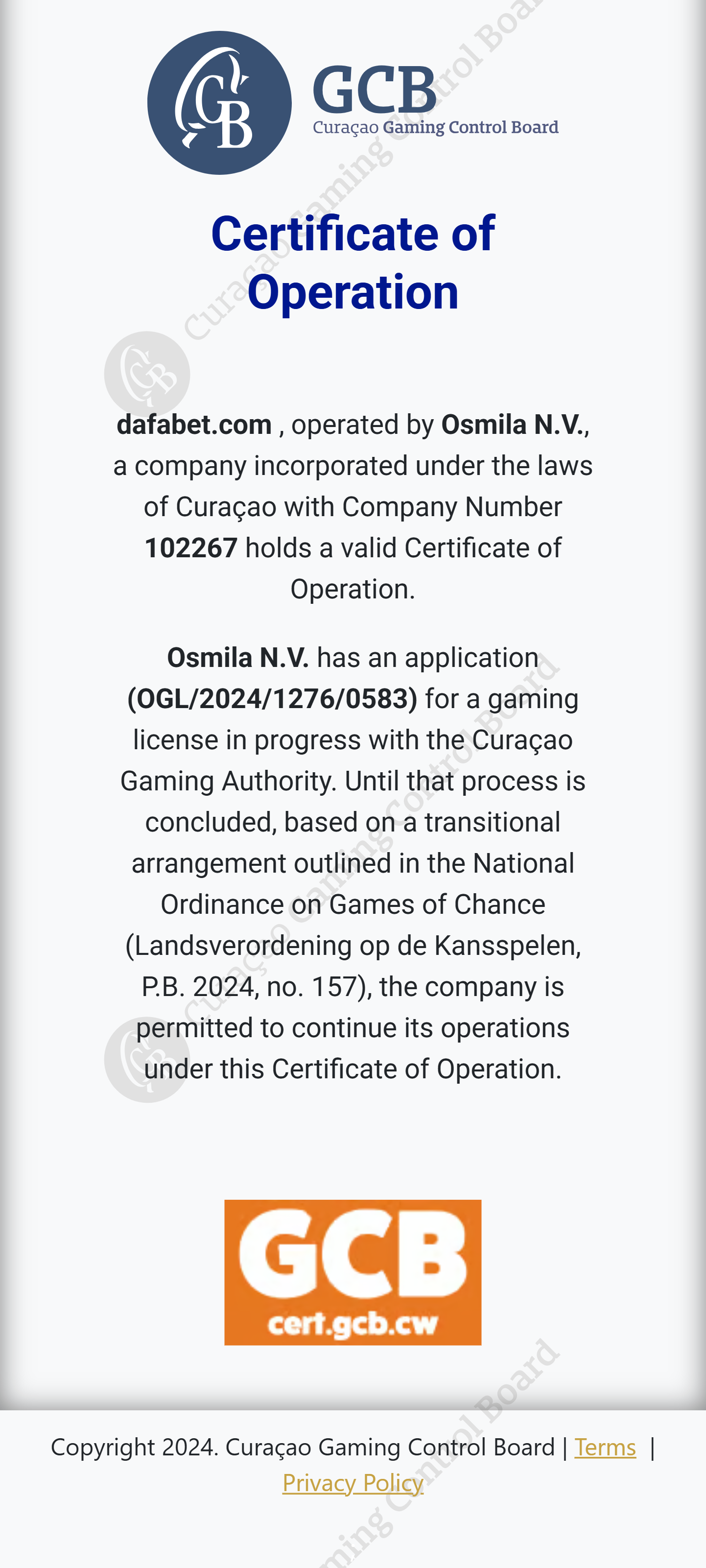 Dafabet CGA Certificate