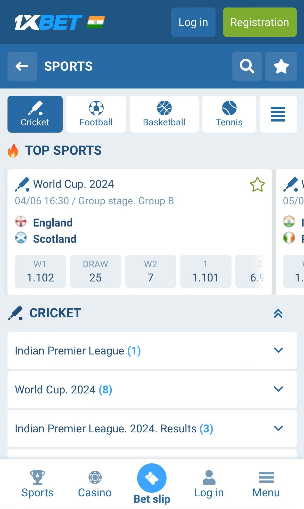 1xBet cricket betting app page in India