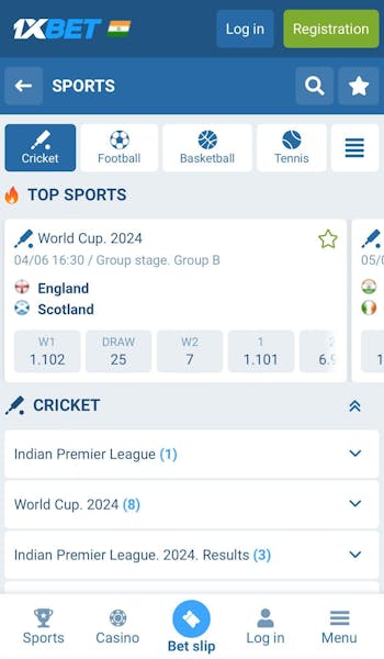 1xBet cricket betting app page in India