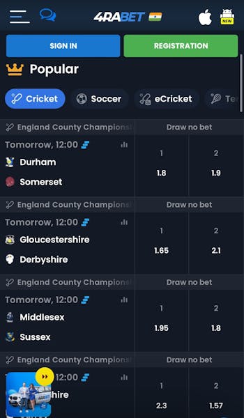 4Rabet cricket betting app in India