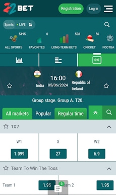 22Bet sports betting app in India