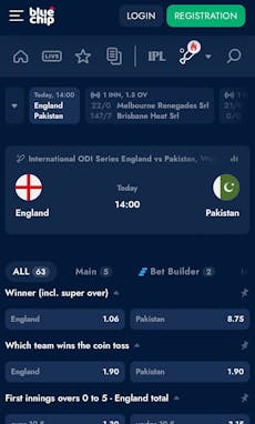 BlueChip app cricket betting example. International match between England and Pakistan.