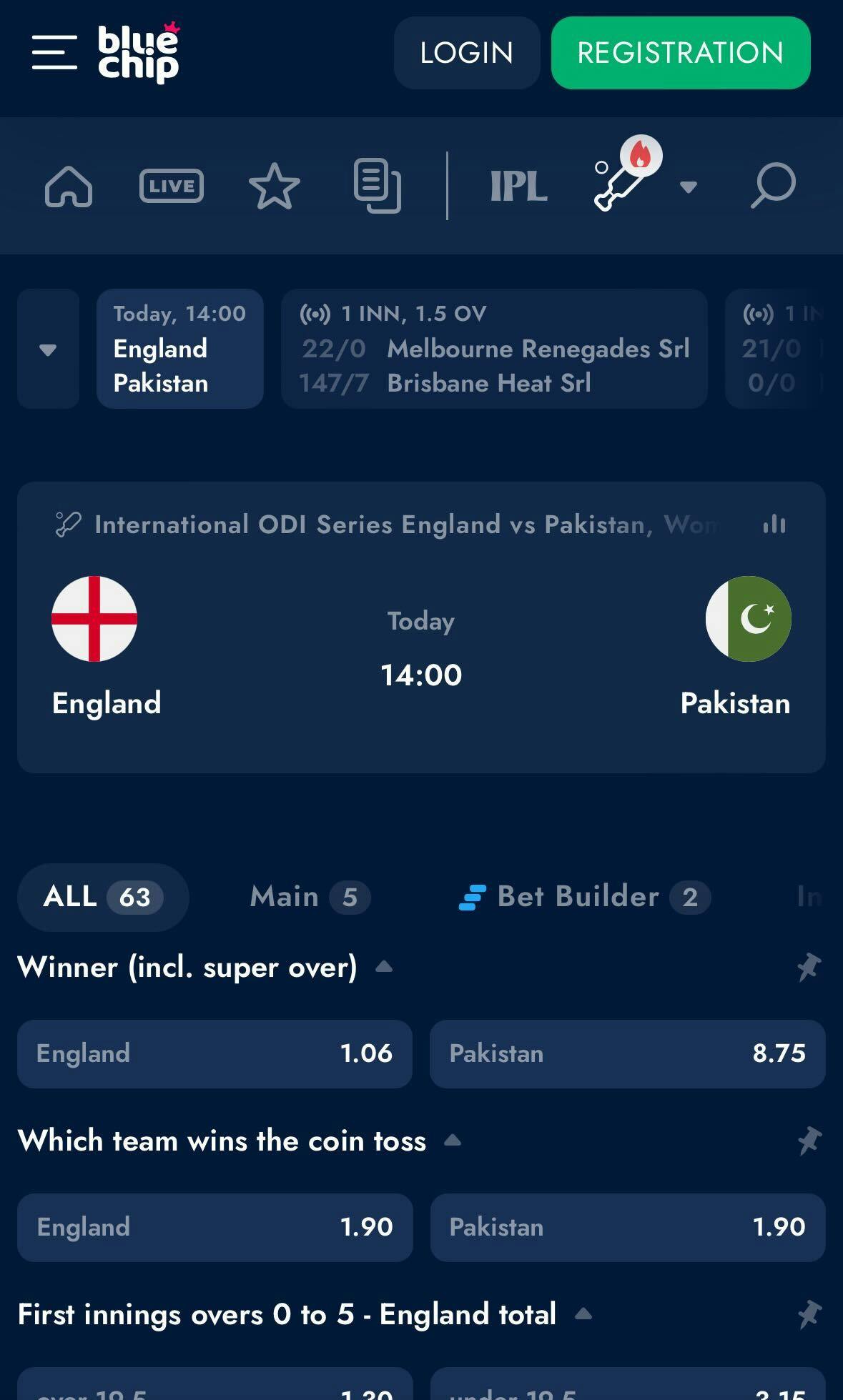BlueChip app cricket betting example. International match between England and Pakistan.