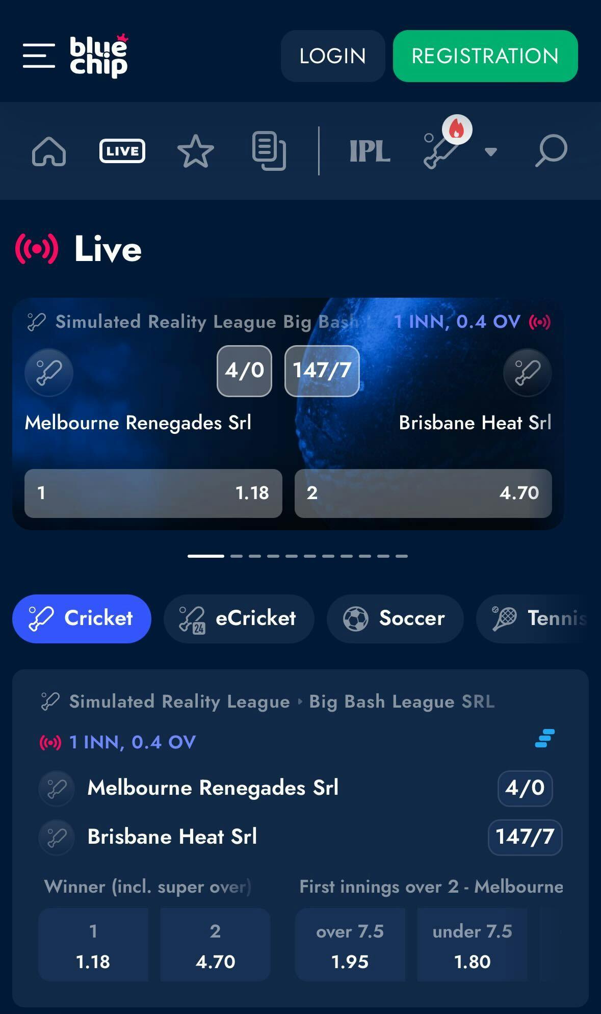 BlueChip app India live cricket betting page