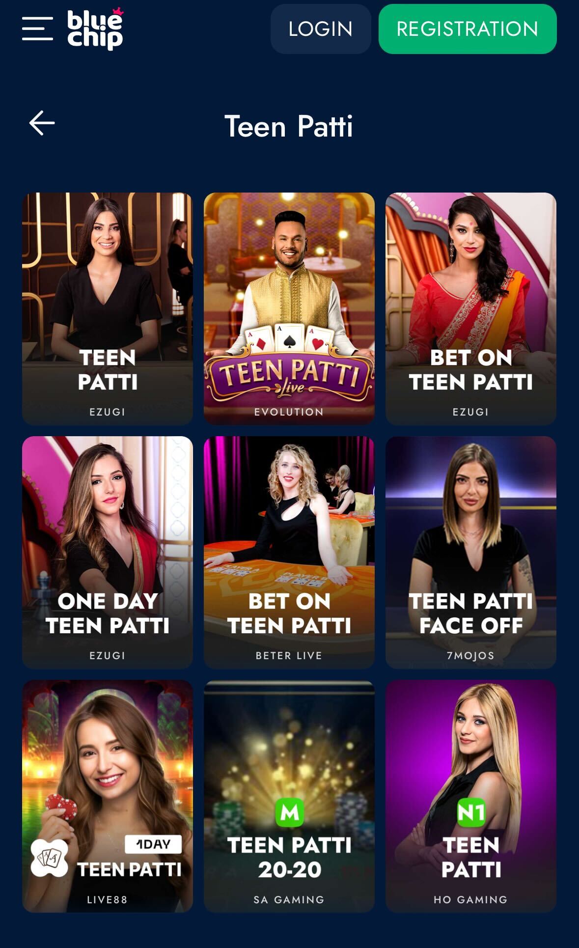 BlueChip app real money Teen Patti games.