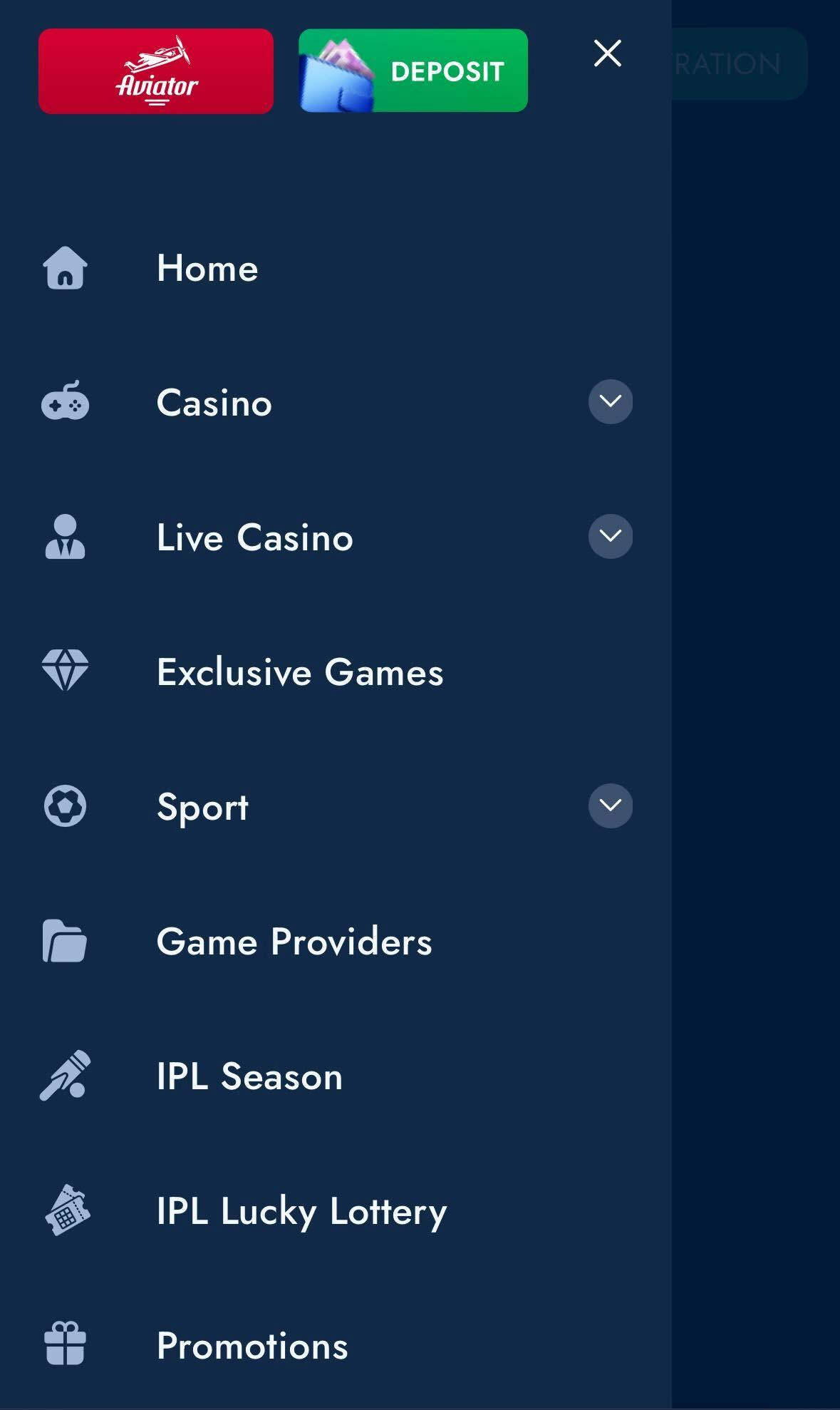 BlueChip app menu with Aviator and other options.