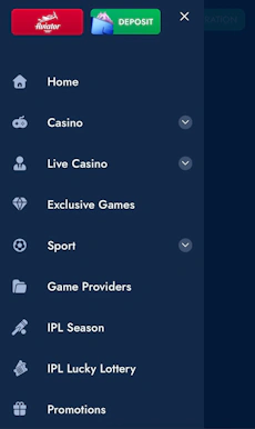 BlueChip app menu with Aviator and other options.