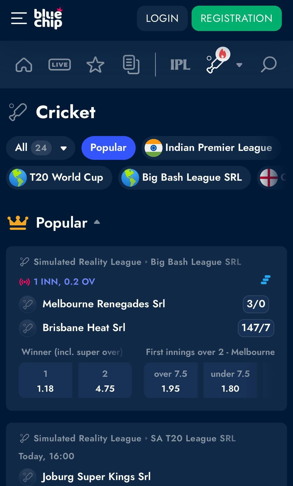 BlueChip cricket pre-match betting options in India