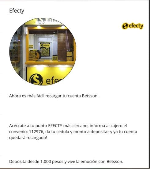 número de convenio de Efecty en Betsson