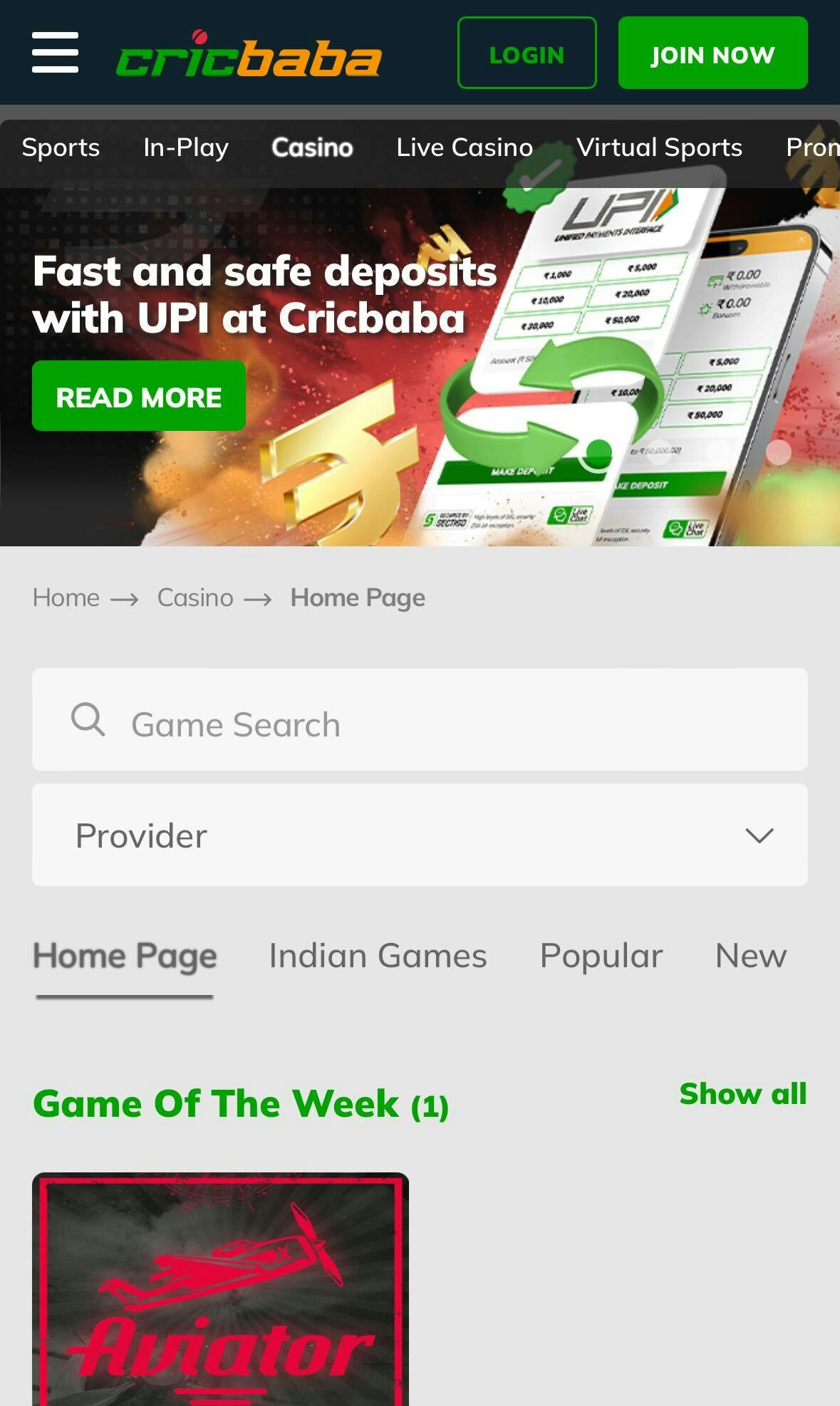 CricBaba app casino page