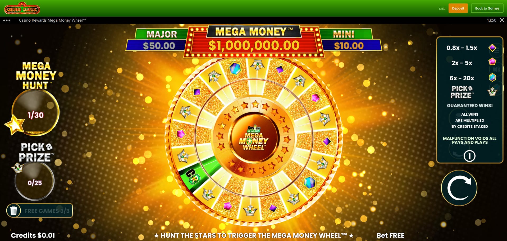 mega money wheel free spins at casino classic casino