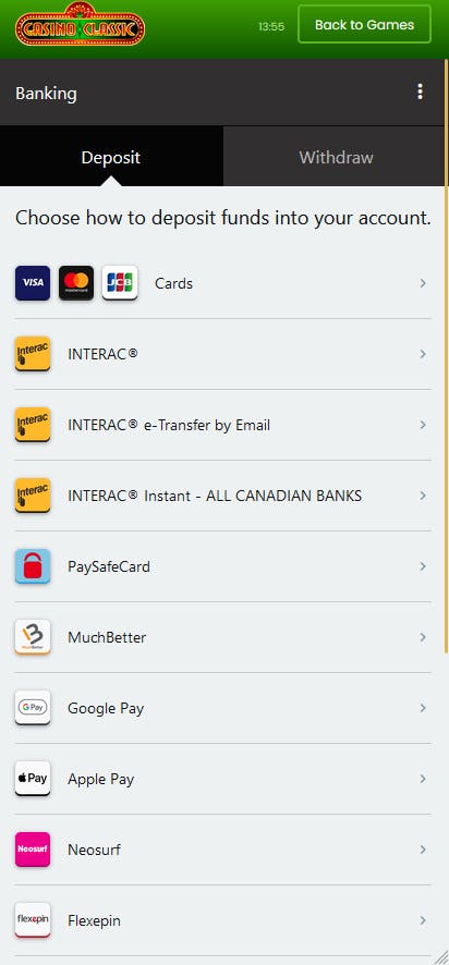 casino classic payment methods on mobile