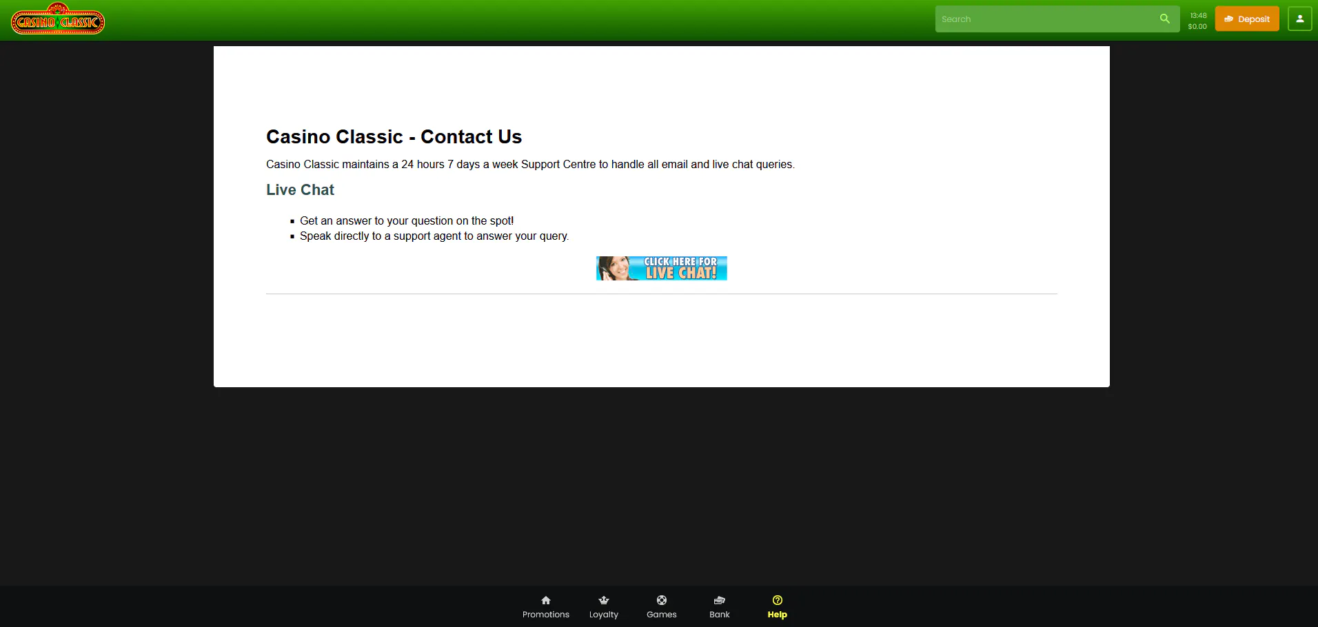 customer support at casino classic