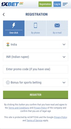 1xBet app registration by one click in India.