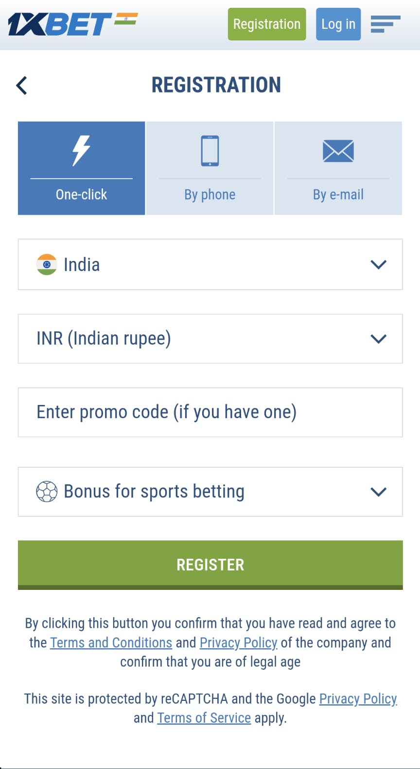 1xBet app registration by one click in India.