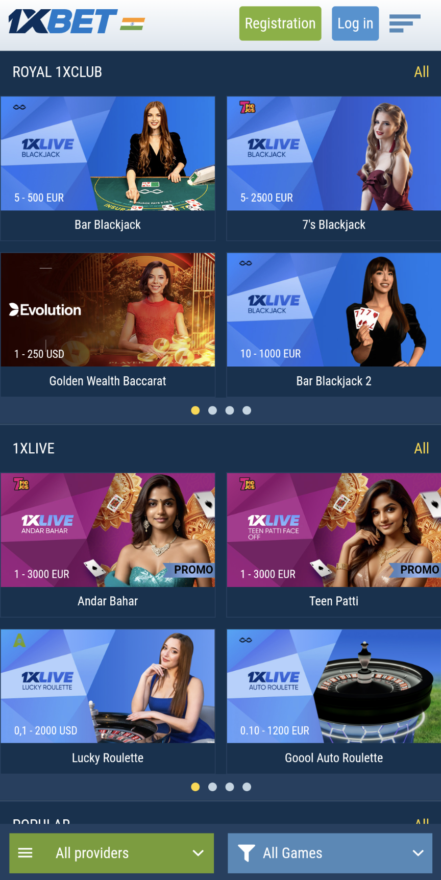 1xBet app live casino games.