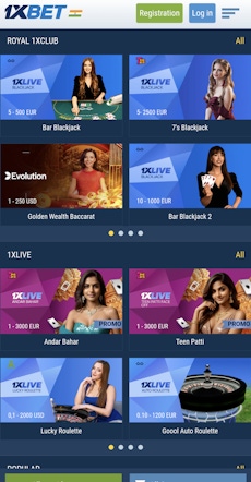 1xBet app live casino games.