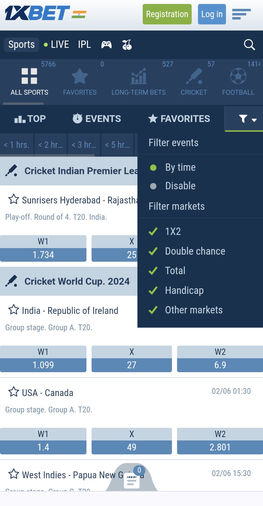 1xBet betting app filter with different markets.