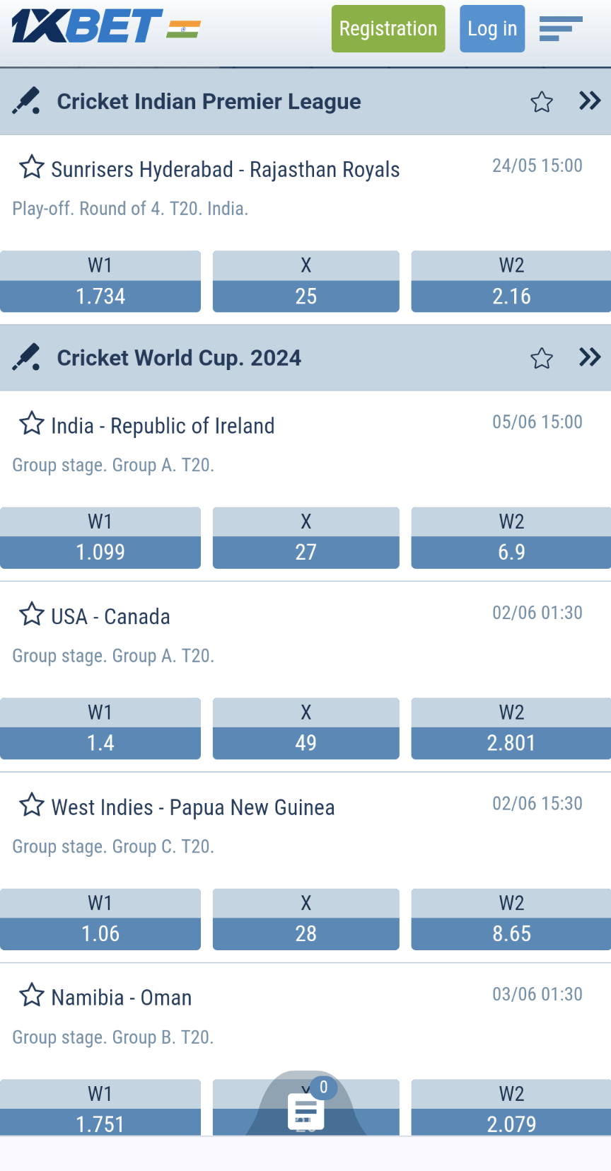 1xBet betting app in India cricket betting matches and odds.