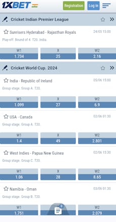 1xBet betting app in India cricket betting matches and odds.