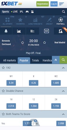 1xBet app India football betting example. UCL final.