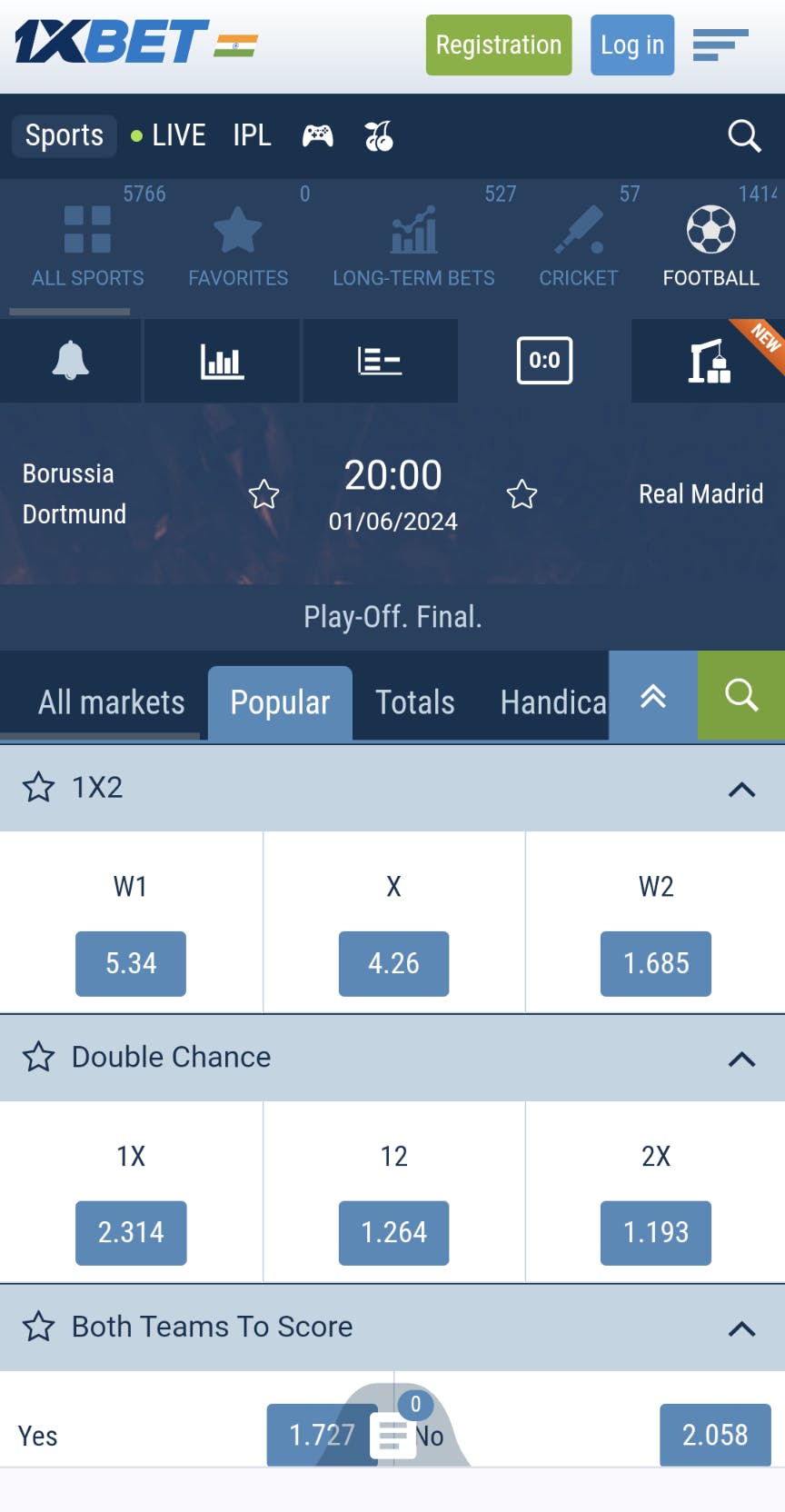 1xBet app India football betting example. UCL final.