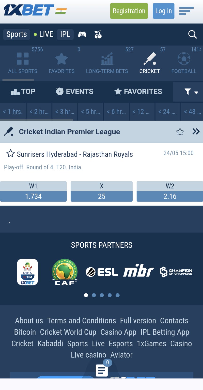 1xBet app live cricket betting.