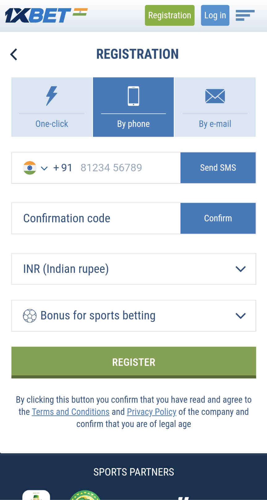 1xBet by phone registration on the app.