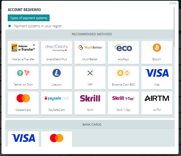 payment methods 22bet