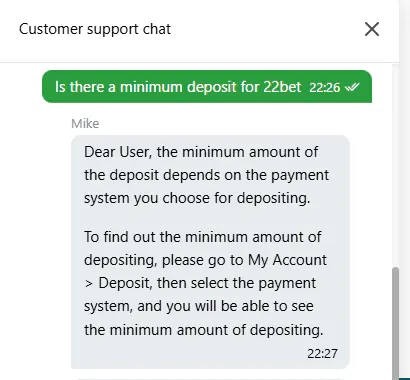 22bet customer service experience