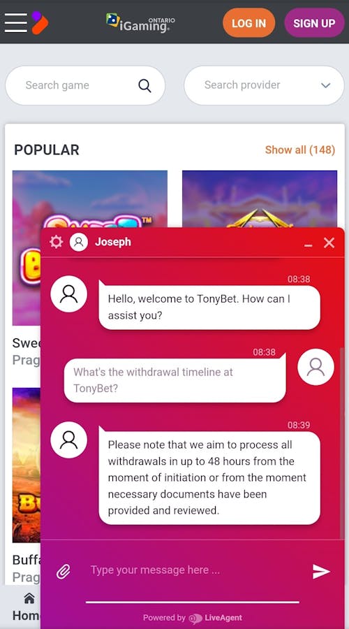 tonybet customer service