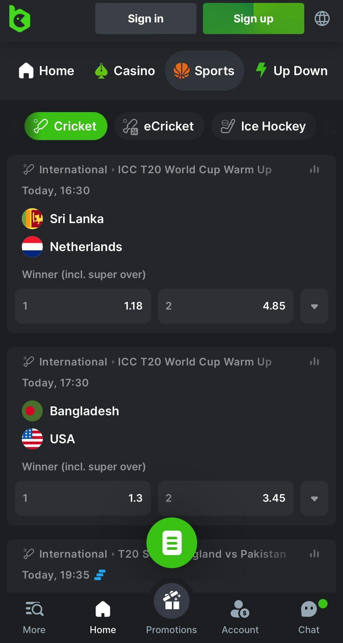 BC Game app cricket betting