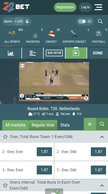 22Bet cricket live streaming