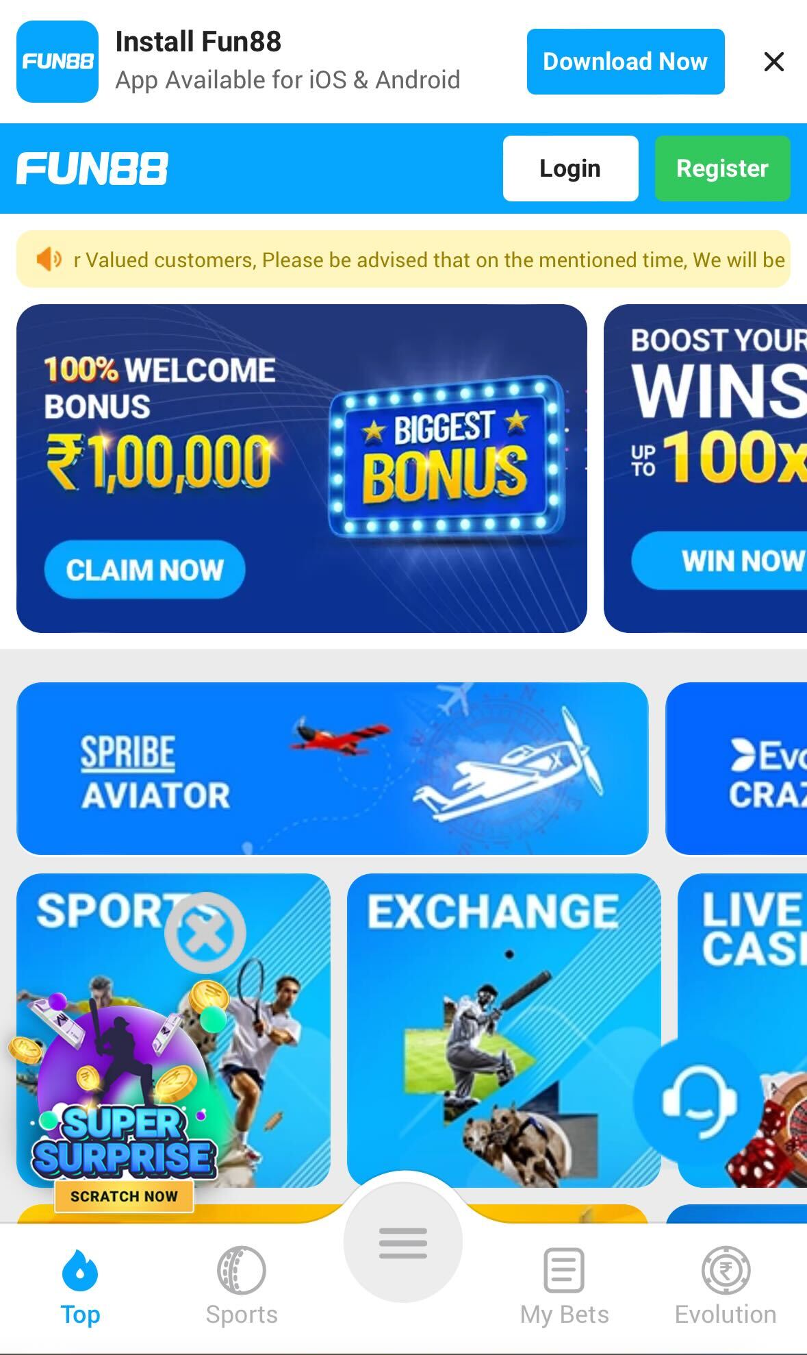 Fun88 prompt to install the apps for iOS and Android.