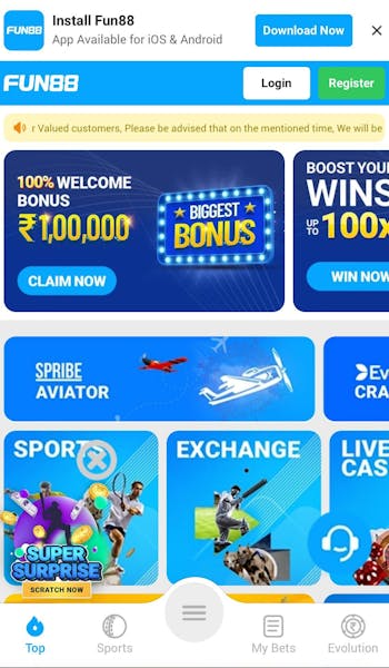 Fun88 prompt to install the apps for iOS and Android.