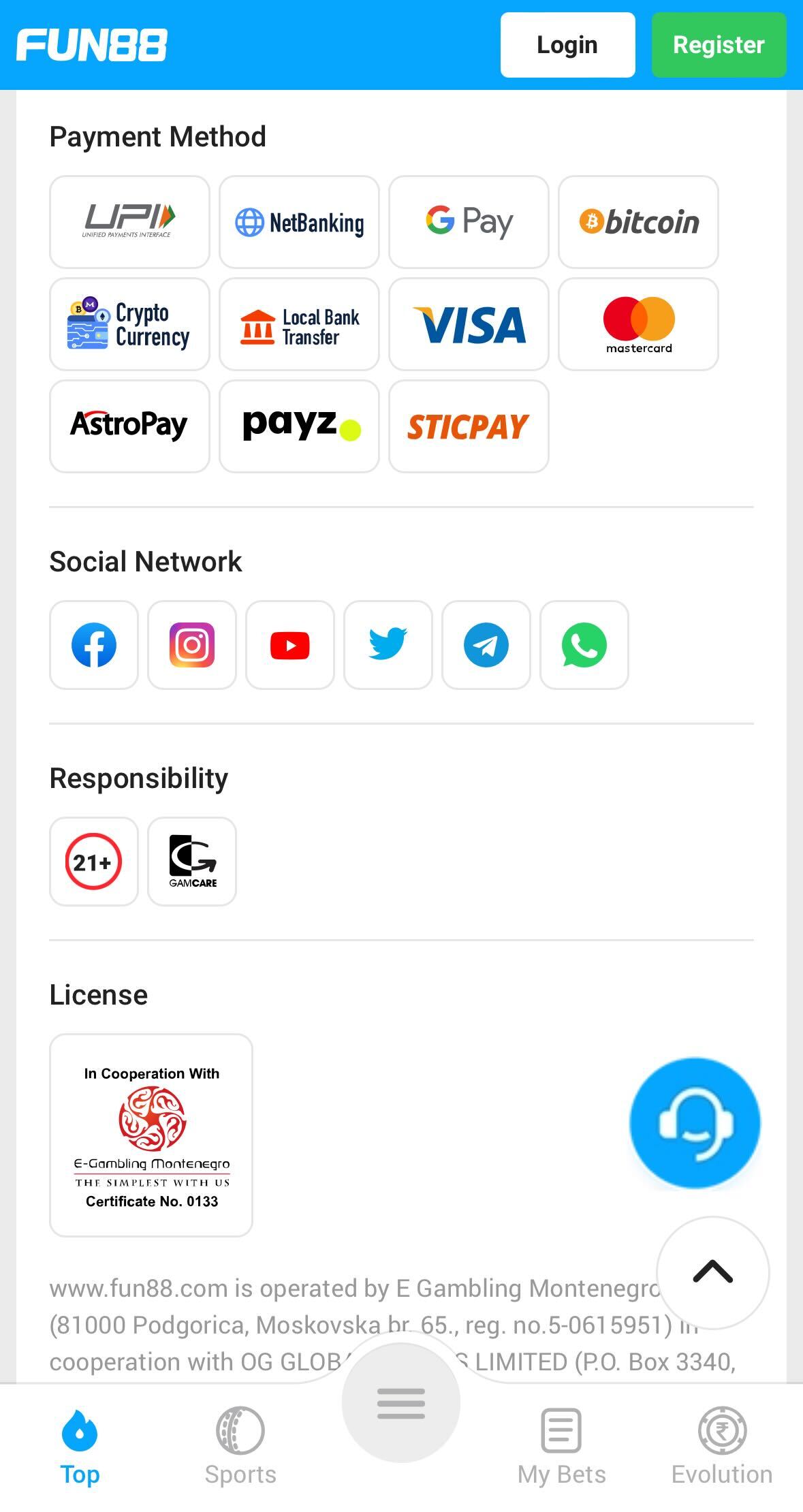 Fun88 payment methods in India and link to gambling licence with valid certificate number.