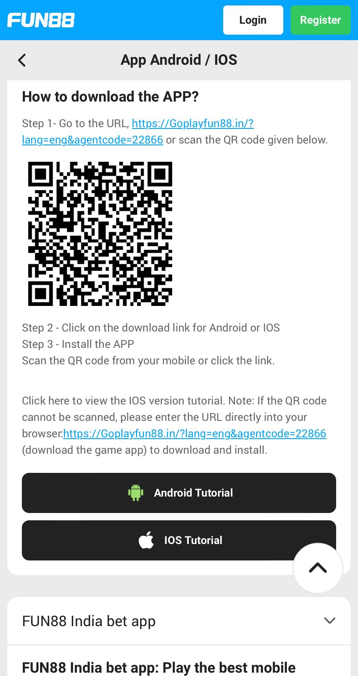 Fun88 how to download the app for Android and iOS links and QR code.