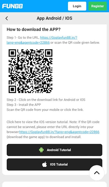 Fun88 how to download the app for Android and iOS links and QR code.