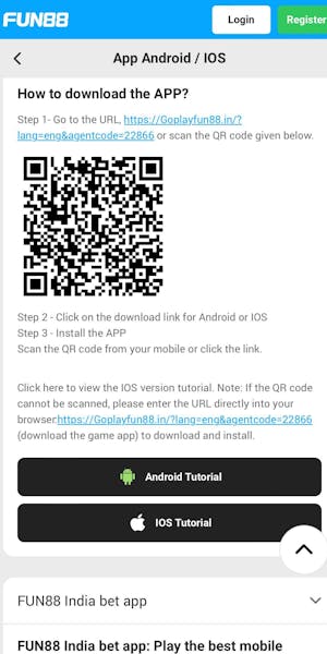 Fun88 how to download the app for Android and iOS links and QR code.