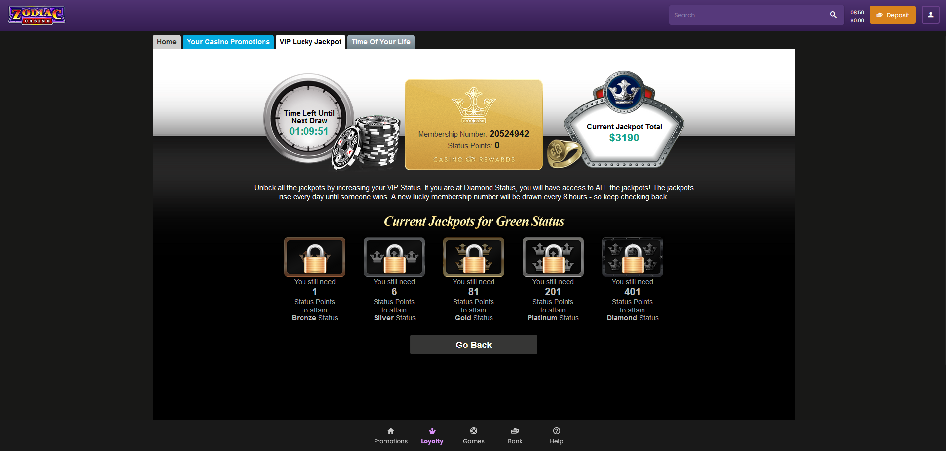 vip status zodiac casino