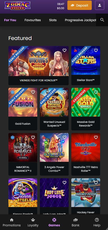 zodiac casino mobile game selection