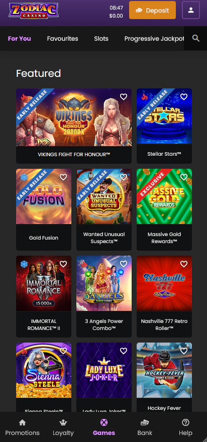 zodiac casino mobile game selection