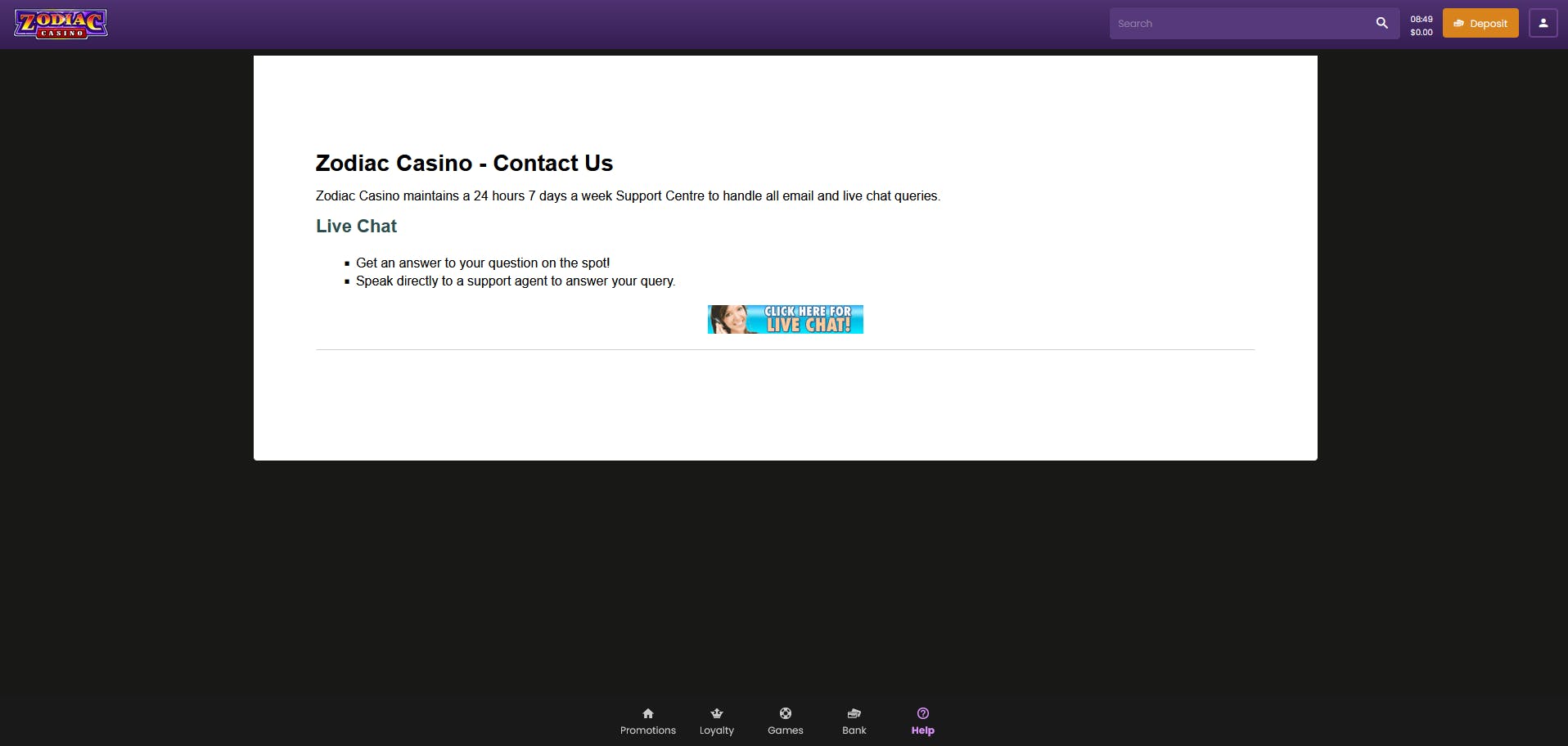 zodiac casino customer support