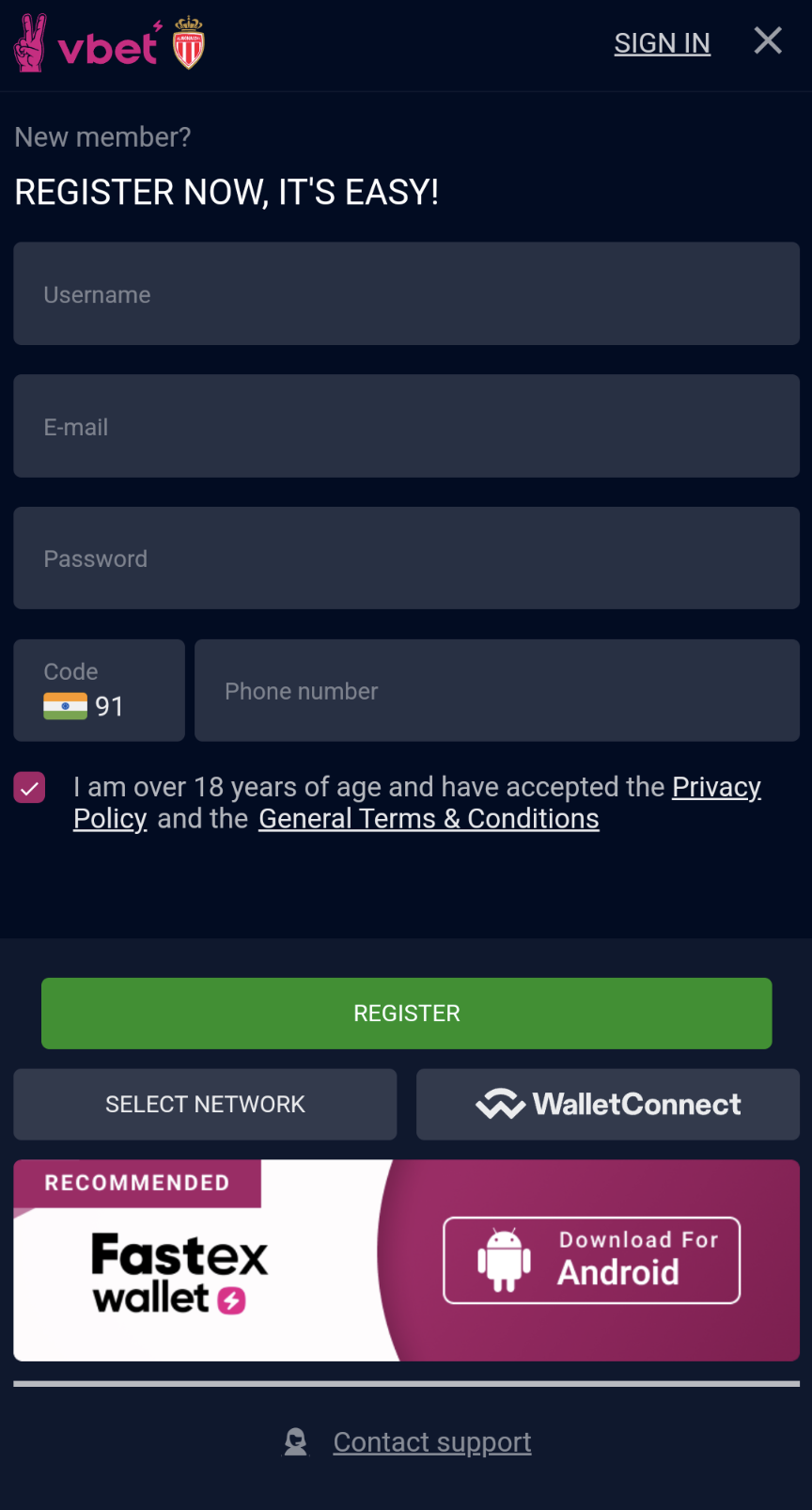 Vbet app register