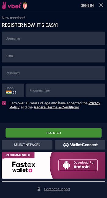 Vbet app register
