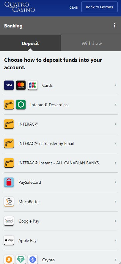 quatro casino payment methods on mobile