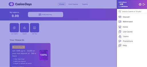 Casino Days account deposit section.