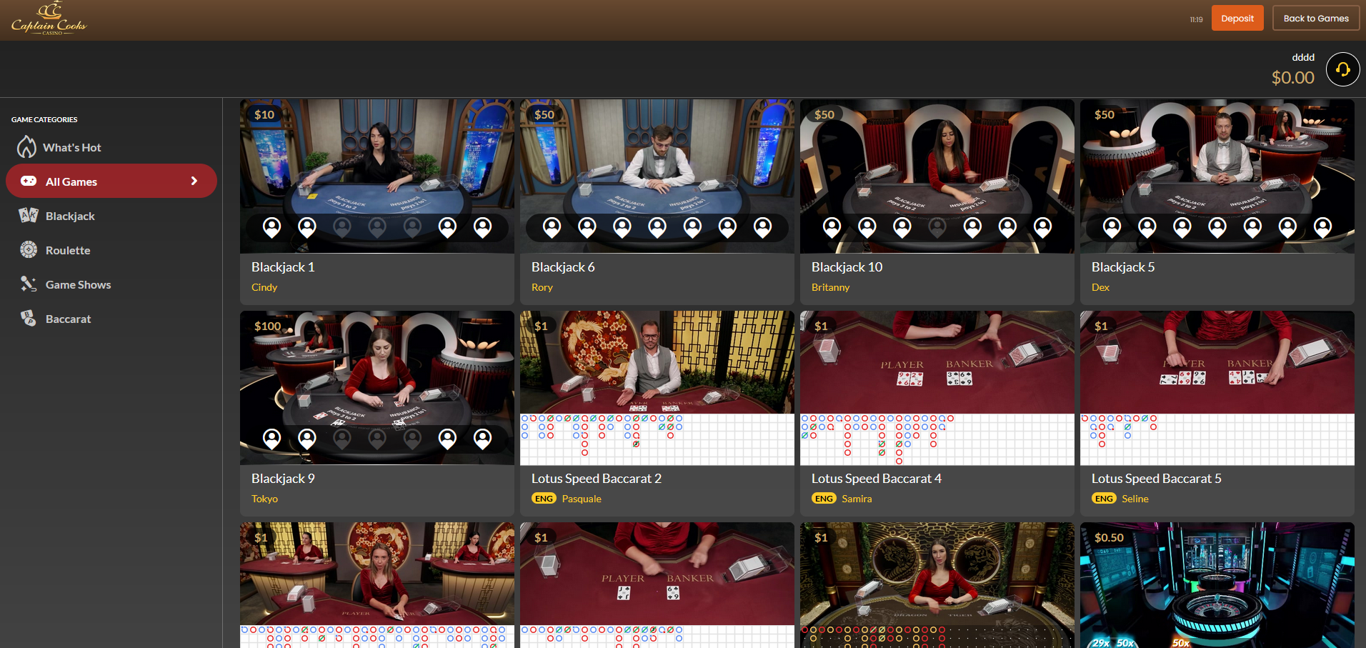captain cooks casino UK live casino